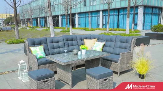 Heißer Verkauf Modernes Luxus-Liegesofa Outdoor-Lounge-Rattan-Gartenmöbel Aluminium-Rattan-Ecksofa-Set mit hohem Tisch, zwei Hockern und Pumpfunktion